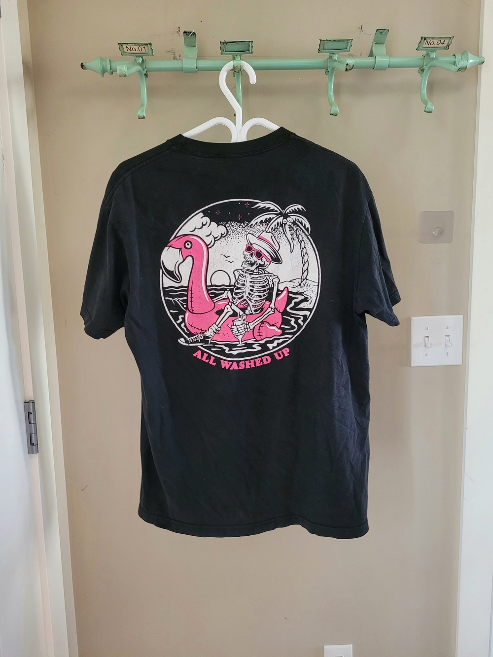 Retrofit Black Short Sleeve Tee with Pink Flamingo Skeleton Graphic
